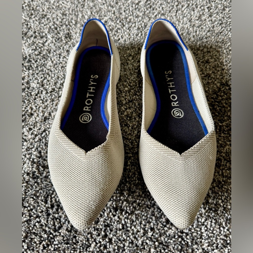Rothy's Pointed Toe Flats in Light Beige with Blue Trim